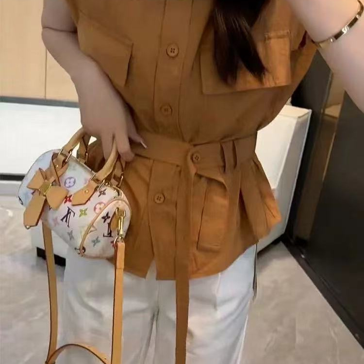 2025夏季新款衬衣短袖韩版时尚收腰显瘦无袖衬衫女洋气设计感上衣