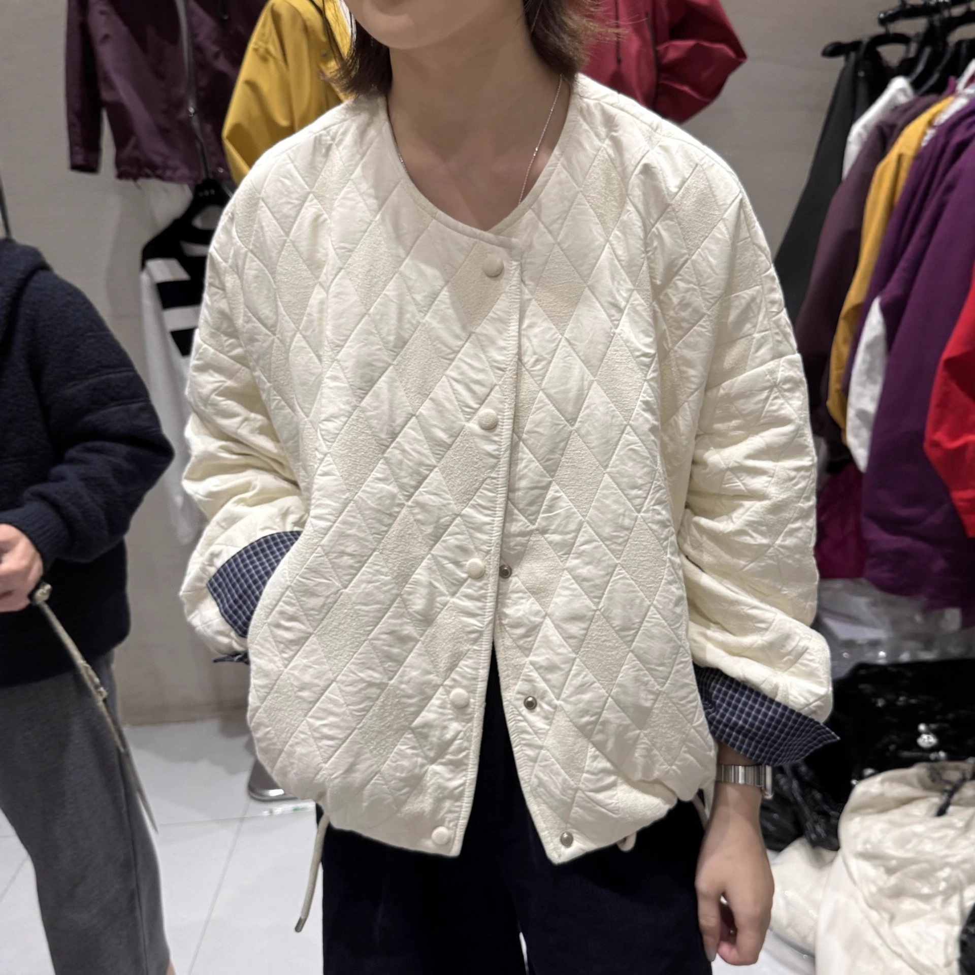 韩系卷边格纹圆领菱形格短外套女2025冬季新款百搭休闲夹克上衣