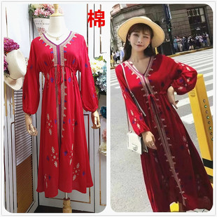 波西米亚连衣裙女大码民族风女装三亚沙滩裙旅游裙子茶卡盐湖红裙