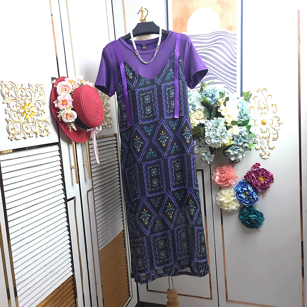 时尚套装 高贵紫花套装裙轻飘雪纺长t恤配3吊带裙连衣裙中长裙夏
