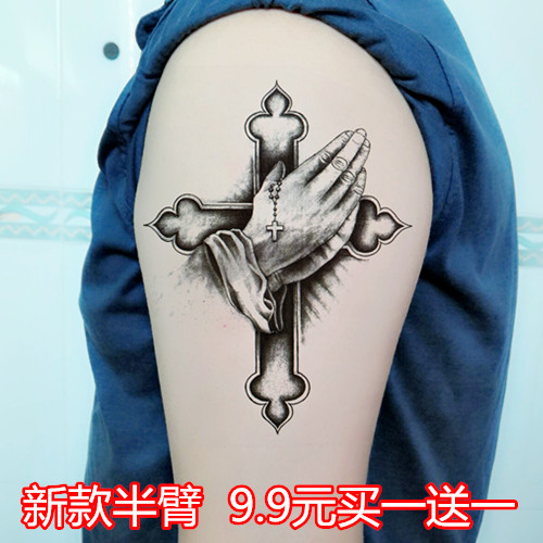 防水半臂纹身贴 持久男手臂双手合剑十字架花臂图腾逼真刺青包邮