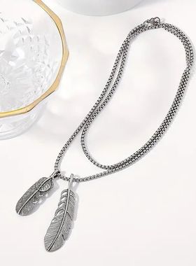 羽毛毛衣叶子项链长款百搭嘻哈个性街头简约欧美时尚小众复古