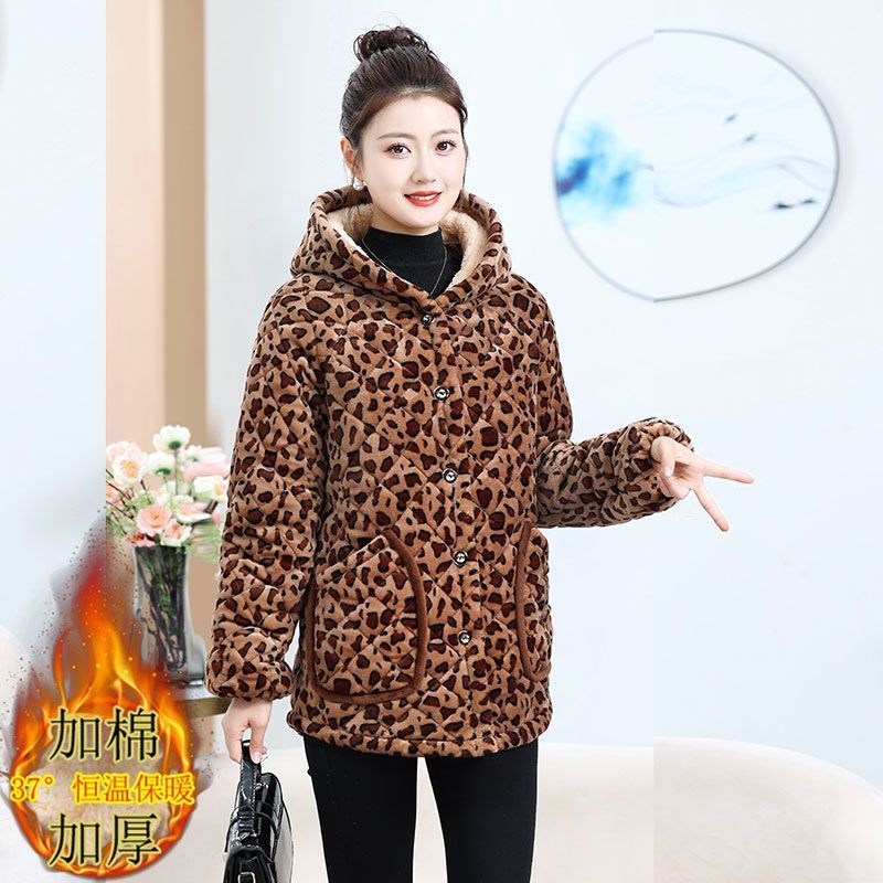四川省服中老年妈妈时尚高档豹纹拼接连帽棉服上衣冬季保暖外套女