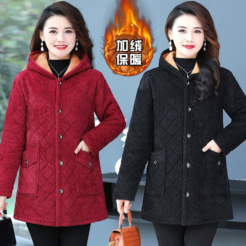 四川省服灯芯绒中老年女士棉衣外套洋气妈妈加绒厚款宽松连帽棉袄
