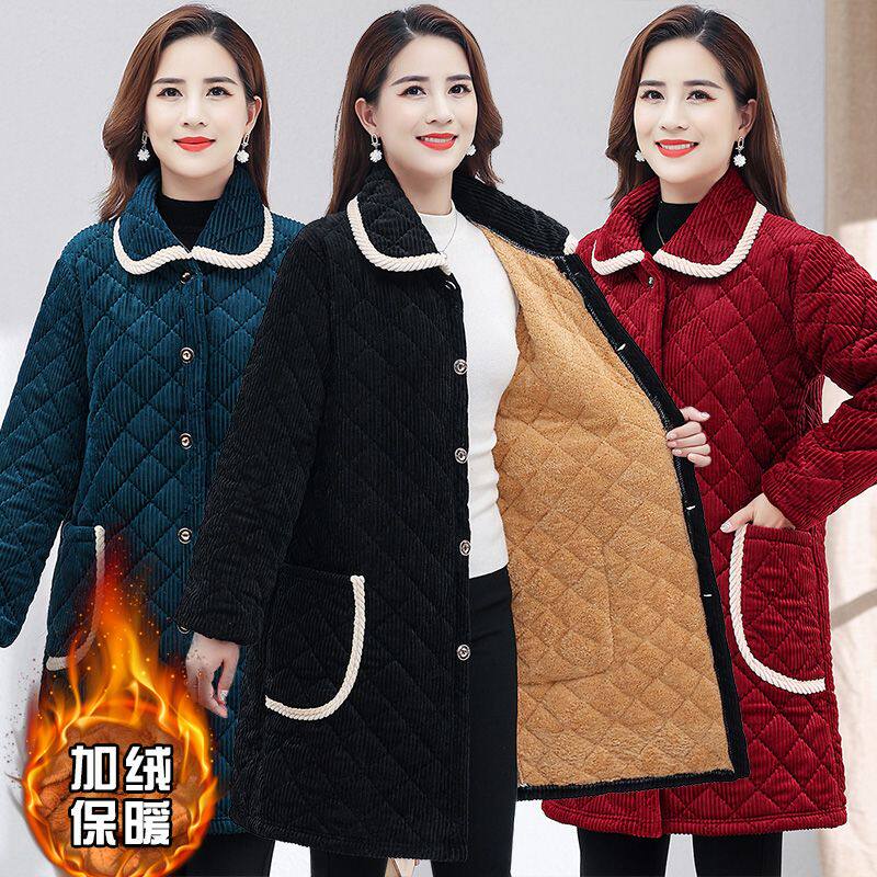 四川省服洋气妈妈冬季中长款罩衣女外穿加绒加厚大码宽松棉衣外套