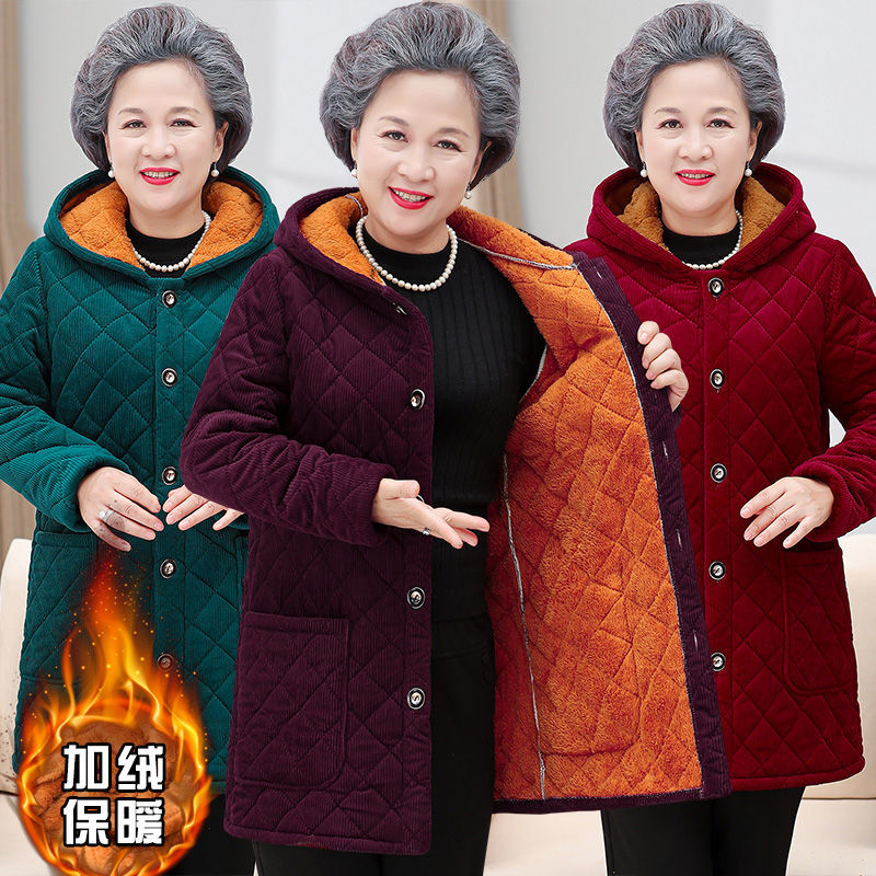 四川省服洋气妈妈装棉袄灯芯绒大码中老年人冬季加绒连帽棉衣外套