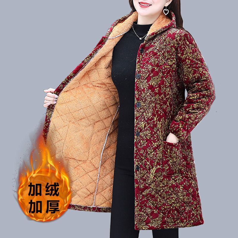 四川省服加绒加厚罩衣中长版妈妈装休闲连帽外套棉服冬季宽松棉袄