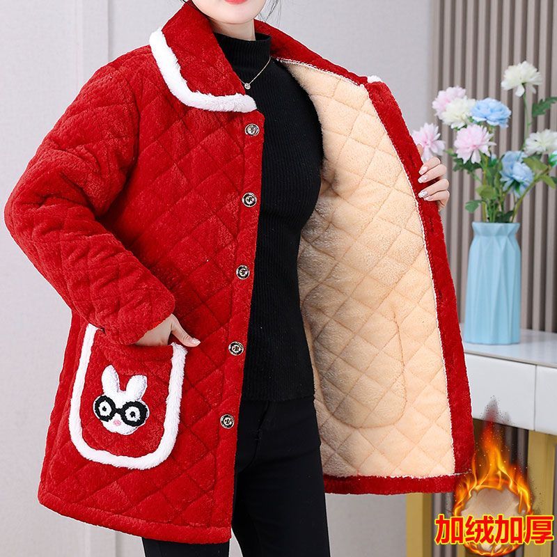 四川省服加绒加厚罩衣新款妈妈洋气冬宽松时尚棉衣外穿中长款棉服