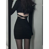 性感收腰紧身褶皱包臀裙子女春秋新款 长袖 露背小心机交叉连衣裙春