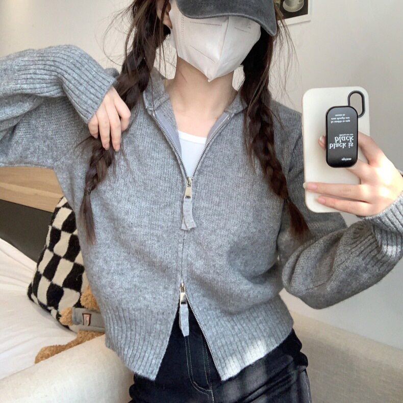 2025春季新款女装拉链针织开衫慵懒风灰色连帽短款毛衣外套上衣潮
