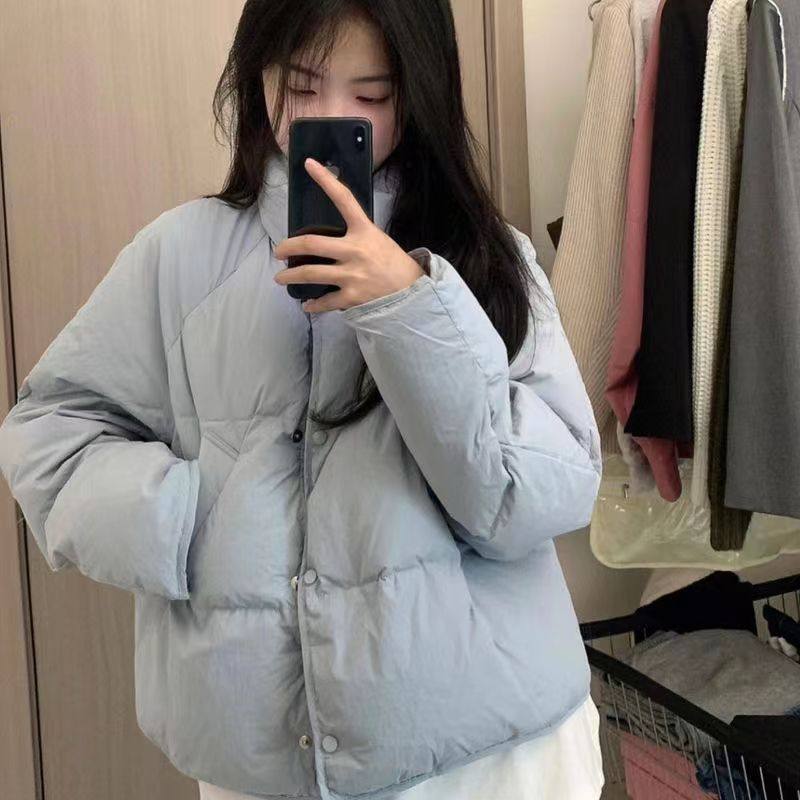 奶蓝色羽绒棉服女短款2024年新款韩版小个子设计感宽松面包服棉服