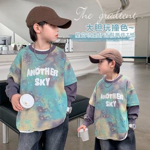 男童春装假两件长袖T恤2026新款中大儿童男孩春秋痞帅宽松上衣潮