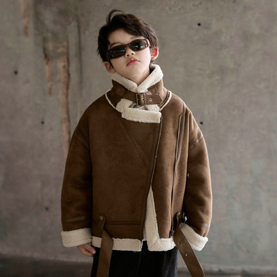 男童外套加绒加厚2025新款中大童皮毛一体外套韩版潮酷洋气冬装