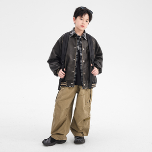 男童春秋复古风棒球服皮衣外套2026新款 青少年儿童运动撞色皮夹克