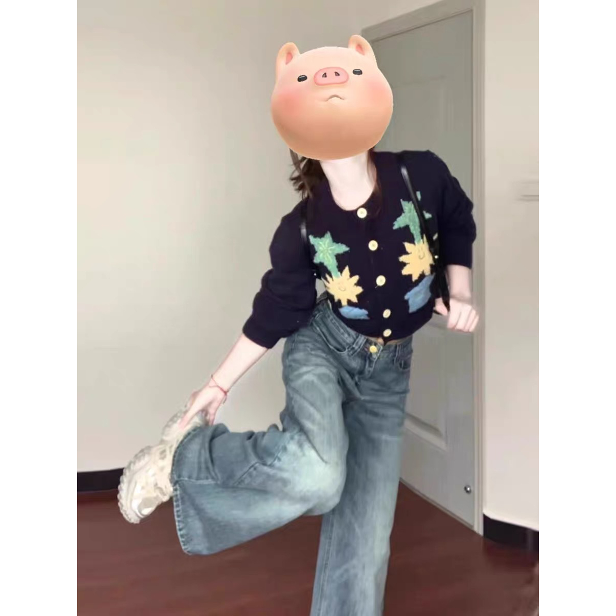 气质一整套ootd穿搭复古蓝色针织开衫阔腿牛仔裤两件套装2025秋季