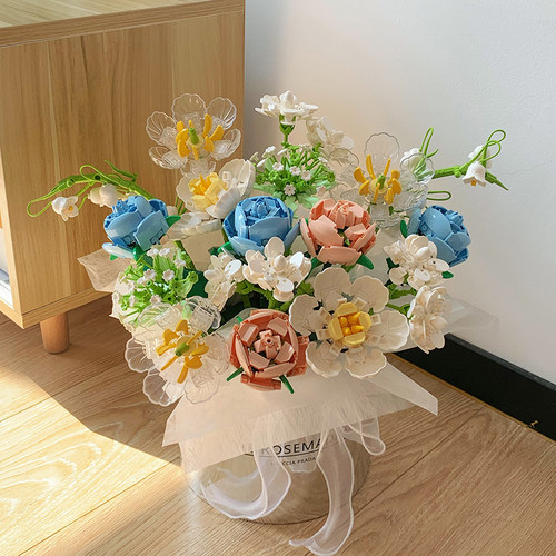 永生玫瑰花束积木仿真花束女生系列抱抱桶拼装女孩玩具情人节礼物