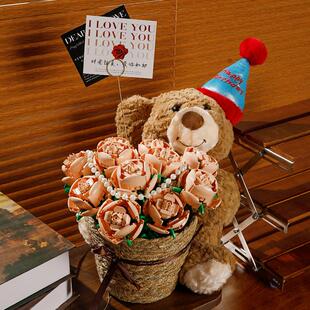 永生花束积木花小熊公仔布偶熊毛绒玩具高级感送女友生日蛋糕礼物