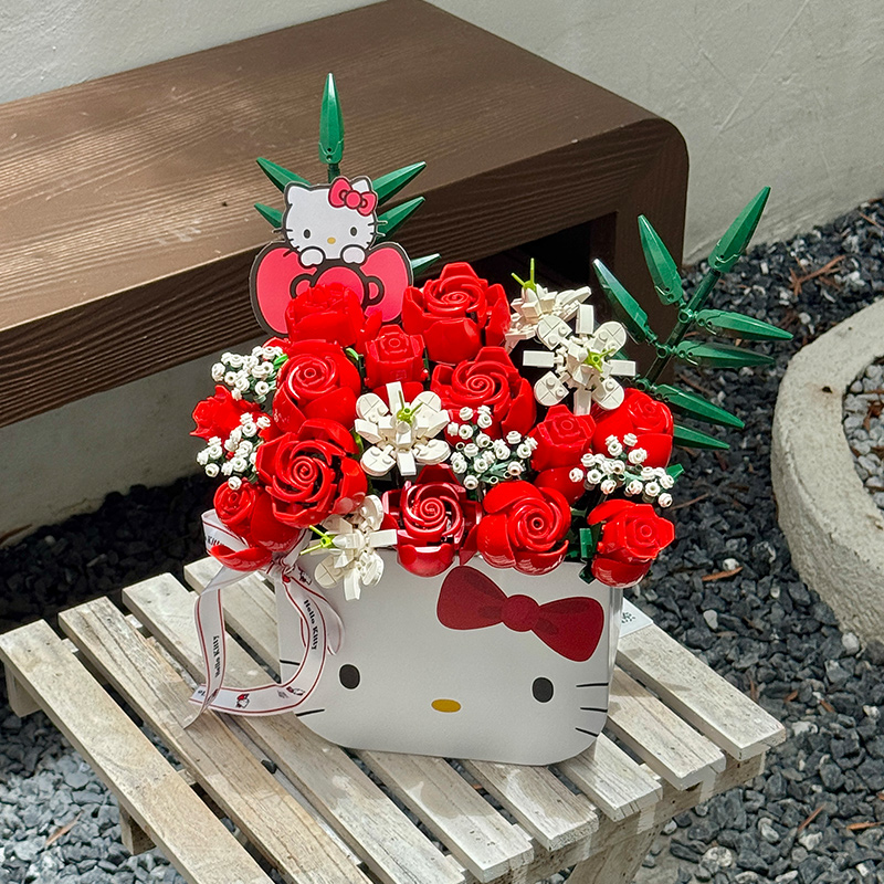 KT猫盒积木花新款哈喽kitty系列花盒积木粉黛花束送女友七夕礼物