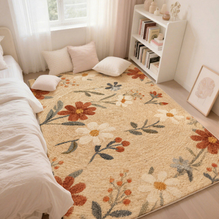 阳台花卉地毯卧室客厅奶油风防滑耐用长方形原木风家用地垫脚垫