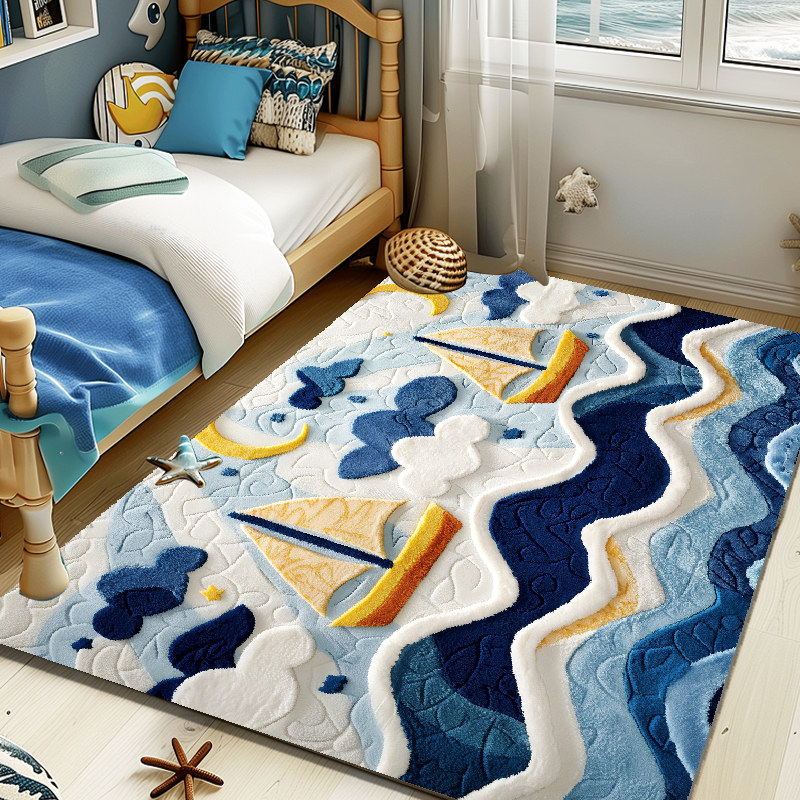 儿童房地毯客厅卧室床边毯卡通蓝色海滩海洋风男孩房间地垫防滑