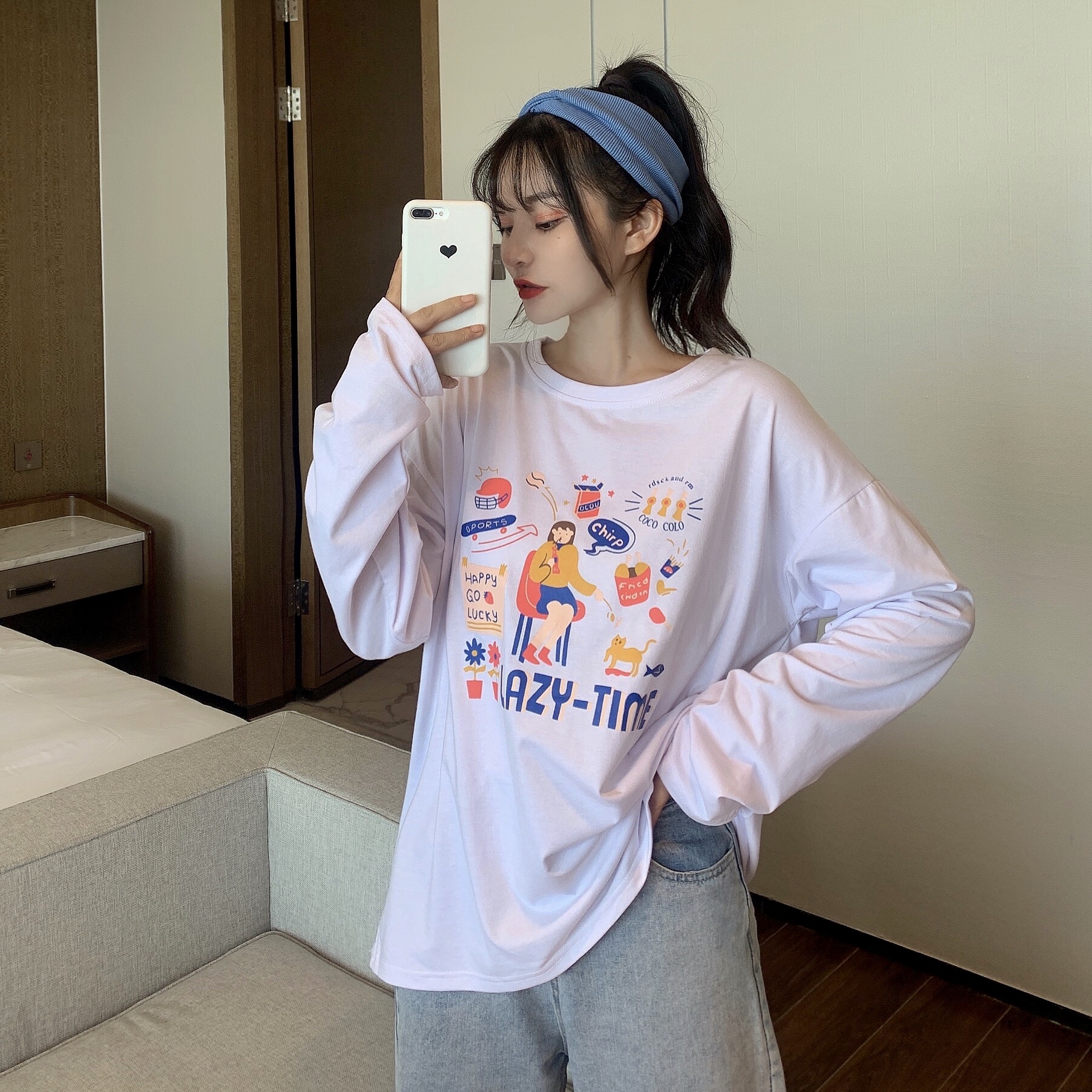 Real shot new Korean loose and lazy style long sleeve T-shirt