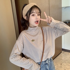 Long sleeve high collar striped T-shirt for female students