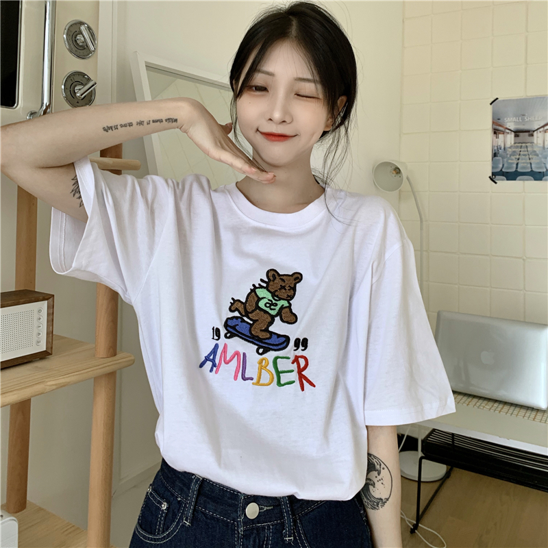 Real shot round neck T-shirt cartoon embroidery loose short sleeve girl