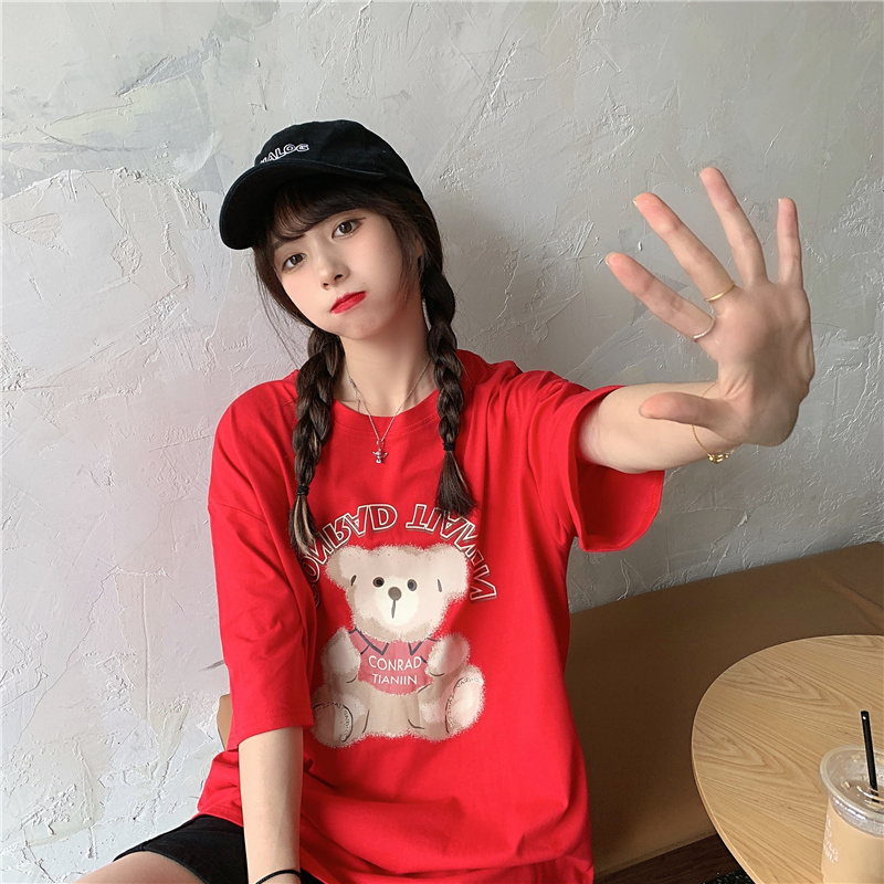 Real photo of summer T-shirt girl with loose short sleeve and versatile bottom coat