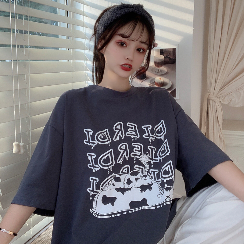 Real shot creative print short sleeve T-shirt women's loose and versatile top