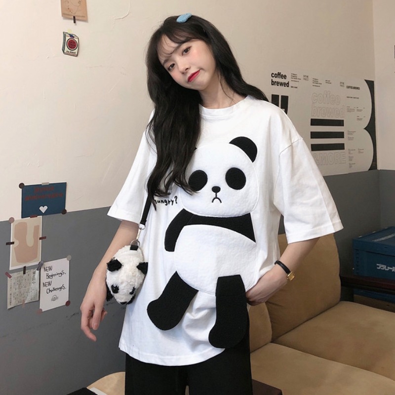 Real shooting summer new girl's short sleeve T-shirt women's fashion Korean Panda