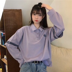 Real shooting Japanese Lapel long sleeve T-shirt women's loose Korean fashion thin Hong Kong style top