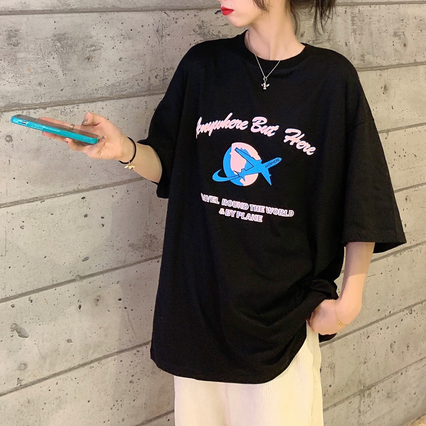 Real action cartoon small plane printing loose casual comfortable simple temperament T-shirt short sleeve