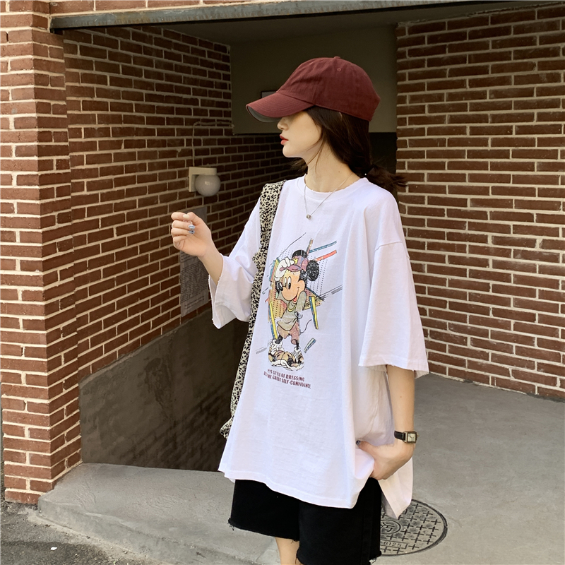 Real shot short sleeve T-shirt for women 2021 new spring and summer foreign style medium long loose Korean version with base coat fashion