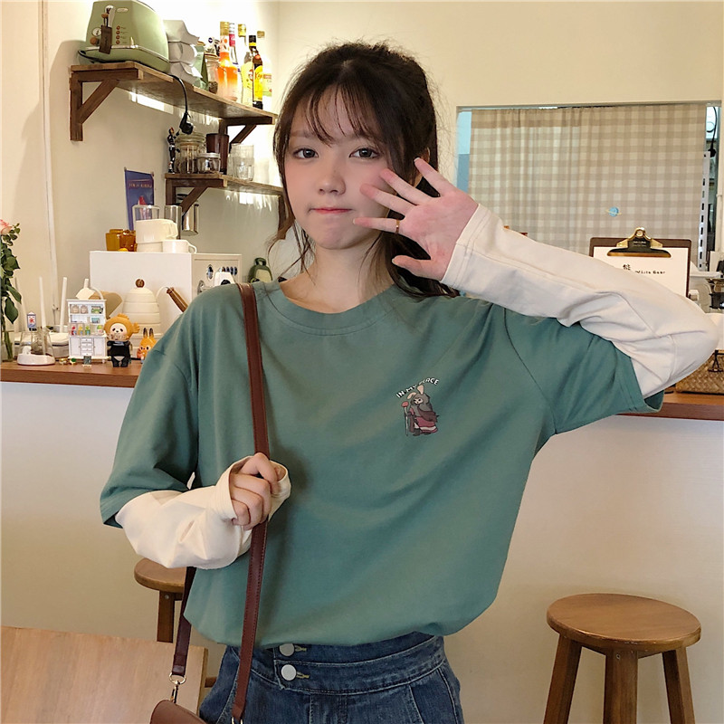 Real shot fake two long sleeve T-shirt women loose Korean version Harajuku style thin early spring fried Street top