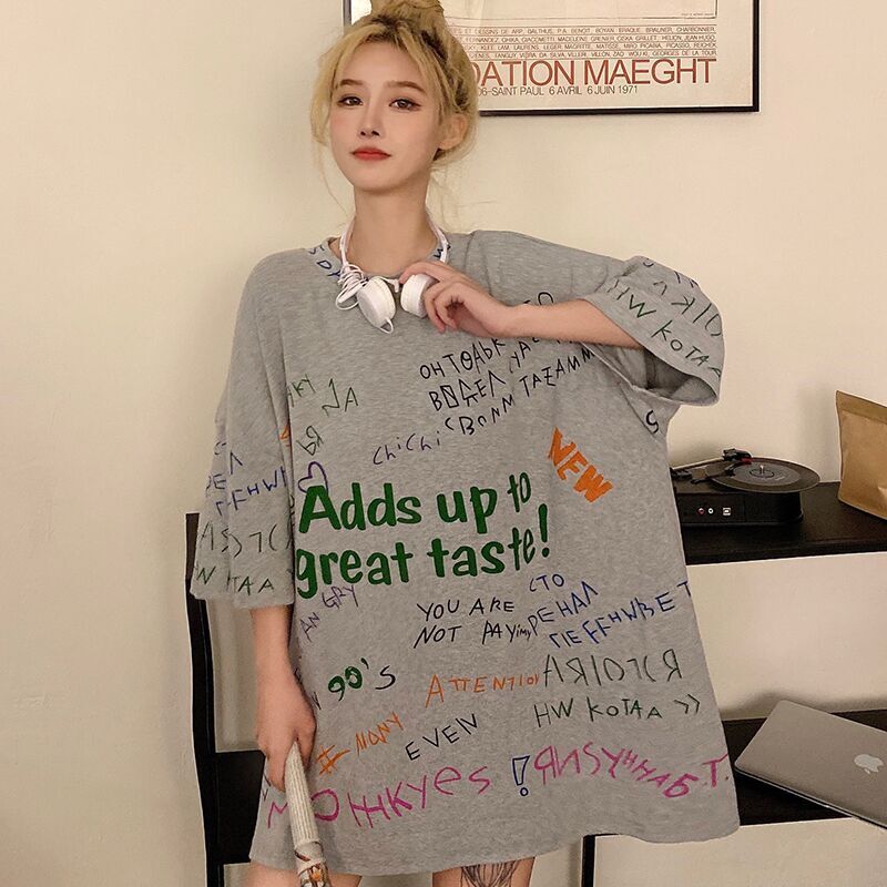 Real shot short sleeve t-shirt female 2021 loose Korean version ins students BF lazy style