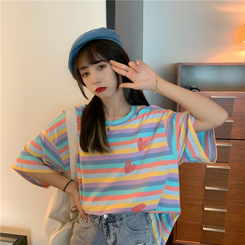 Real shot summer new loose top Rainbow Stripe short sleeve T-shirt