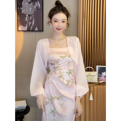 山寺桃花罩衫时尚套装新中式复古超仙气质印花吊带裙开衫两件套女