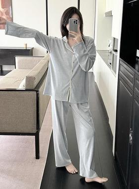 撞色磨毛羊绒睡衣女秋冬新款翻领开衫套装长袖宽松亲肤家居服B041