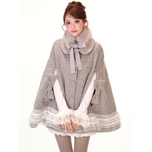 麦瑟尔小姐 斗篷大衣重工蕾丝花边加绒假两件打底套装毛毛围脖冬