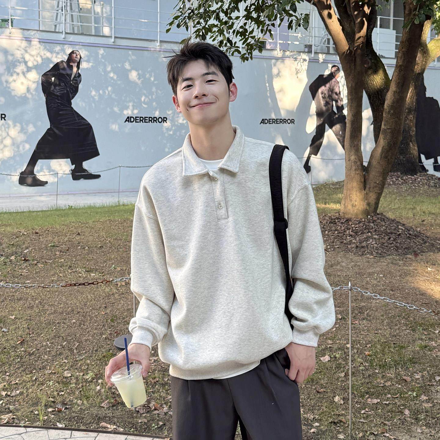 420g白花灰翻领卫衣男生2025新款秋季宽松百搭POLO衫套头简约长袖,男装,卫衣,淘宝优惠券,粉丝福利购,淘宝优惠卷