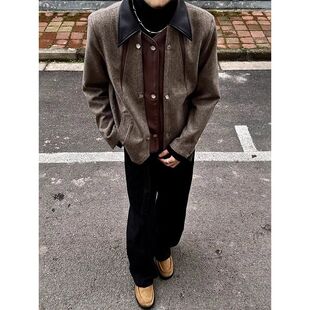 宫廷几何美式复古假两件翻领夹克男秋季高级感老钱风短款外套男女