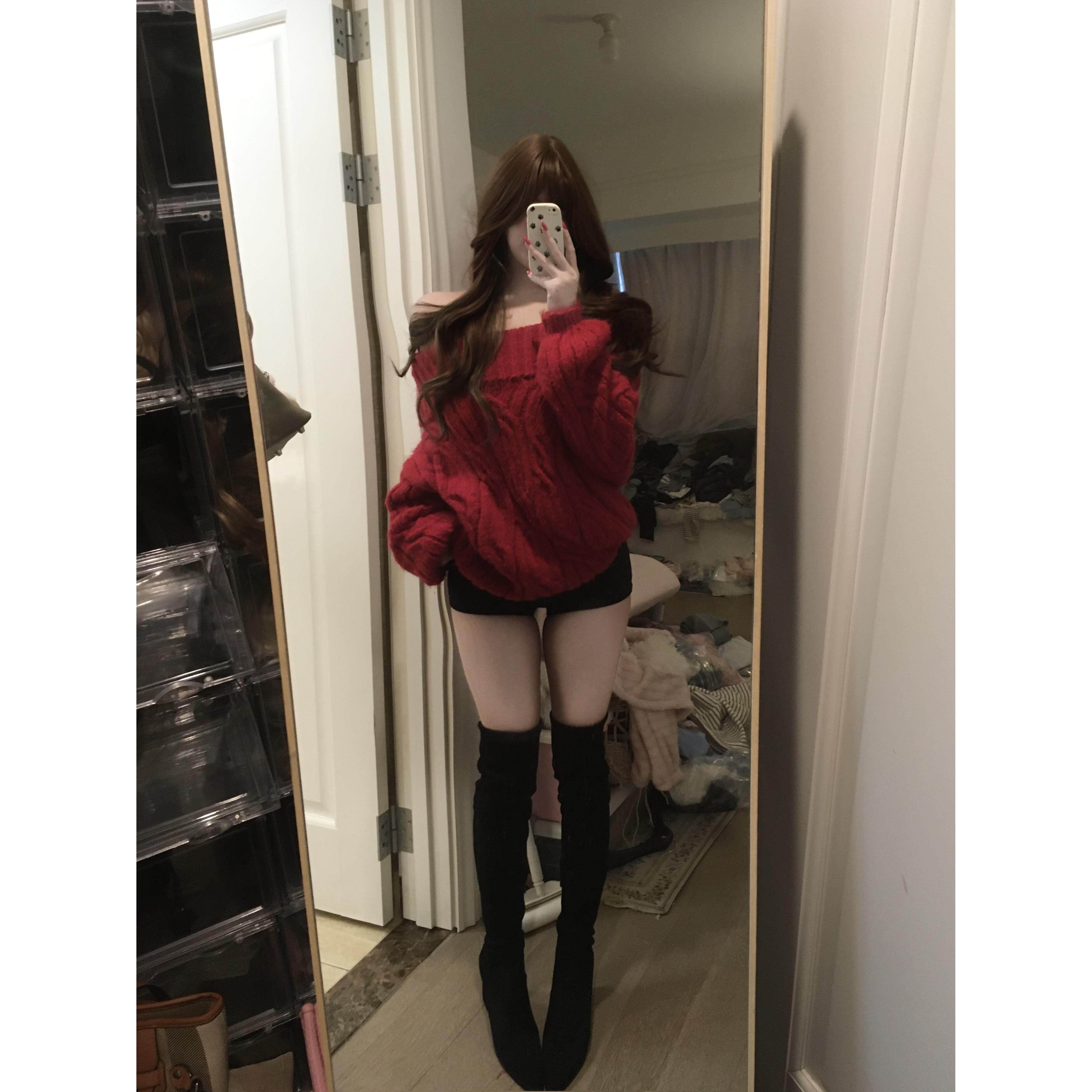 荔桃想睡觉ya【圣诞恋歌】氛围酒红一字肩毛衣女秋冬新年针织外套,女装/女士精品,时尚套装,淘宝优惠券,粉丝福利购,淘宝优惠卷