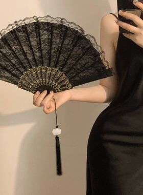 新中式复古黑色蕾丝折扇jk洛丽塔汉服旗袍扇子流苏古风拍照道具潮