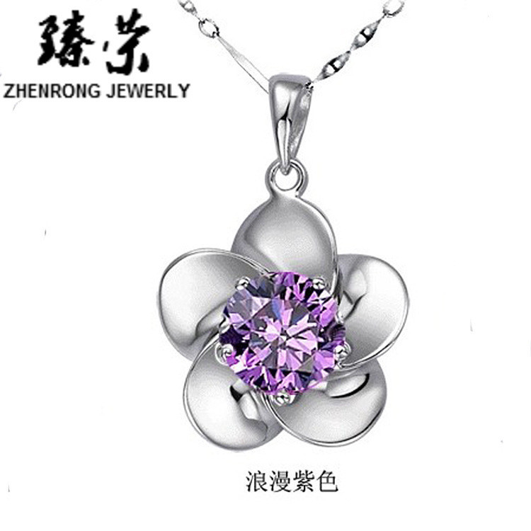 铜镀银项链 女 短款锁骨 韩国新款银饰品 绽梅水晶吊坠 首饰