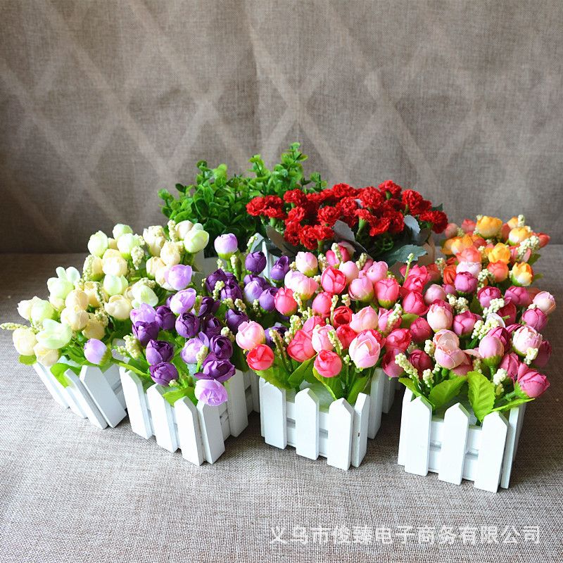 16木栅栏仿真花套装假花盆栽室内客厅玄关装饰花草小盆栽绿植摆件