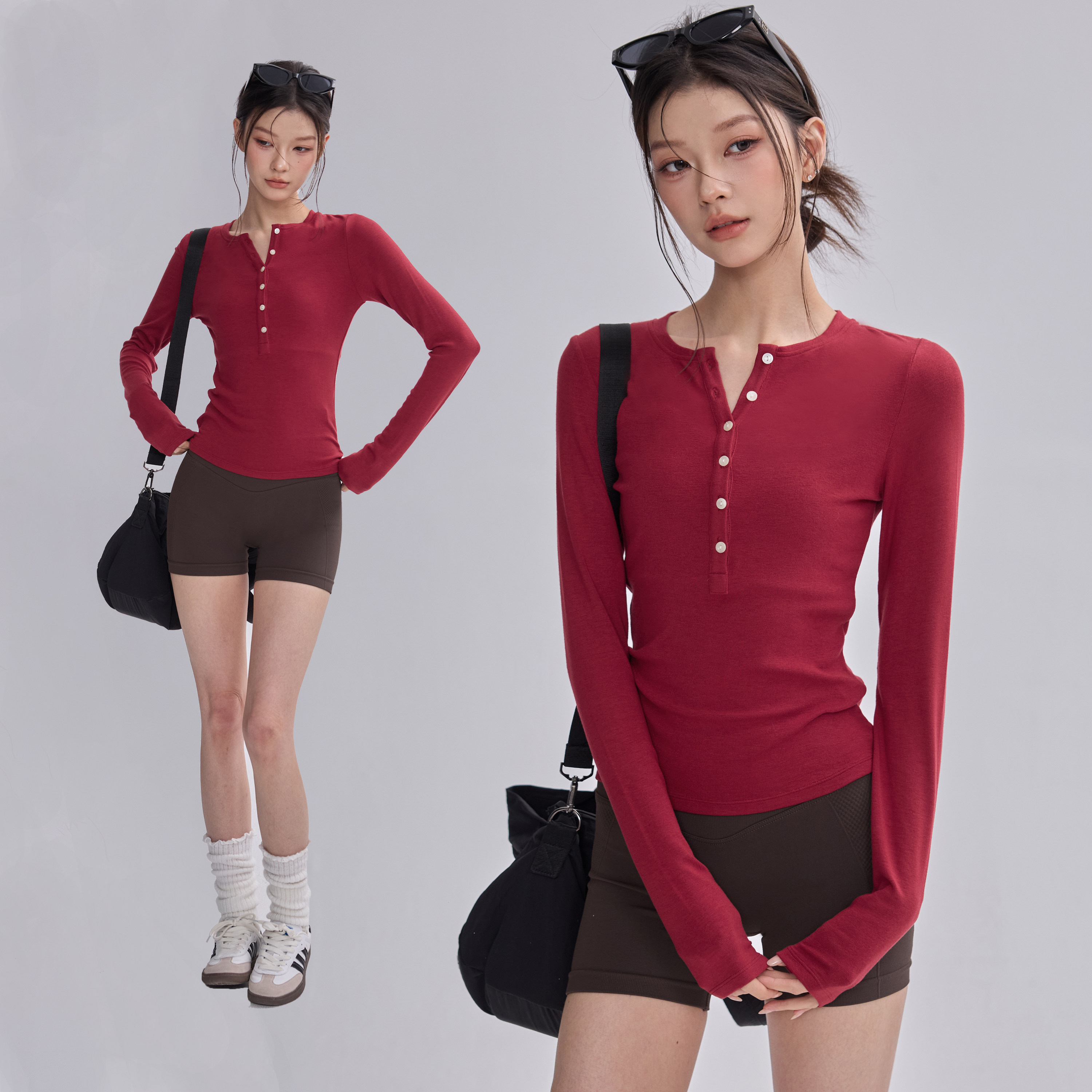 新年红色上衣女瑜伽服长袖亨利领显瘦打底普拉提训练运动T恤秋冬,运动/瑜伽/健身/球迷用品,瑜伽t恤,淘宝优惠券,粉丝福利购,淘宝优惠卷