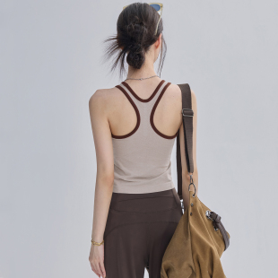 美拉德带胸垫运动背心女跑步健身普拉提训练上衣紧身工字美背文胸