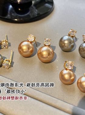 925纯银麻灰珍珠真金锆石耳钉