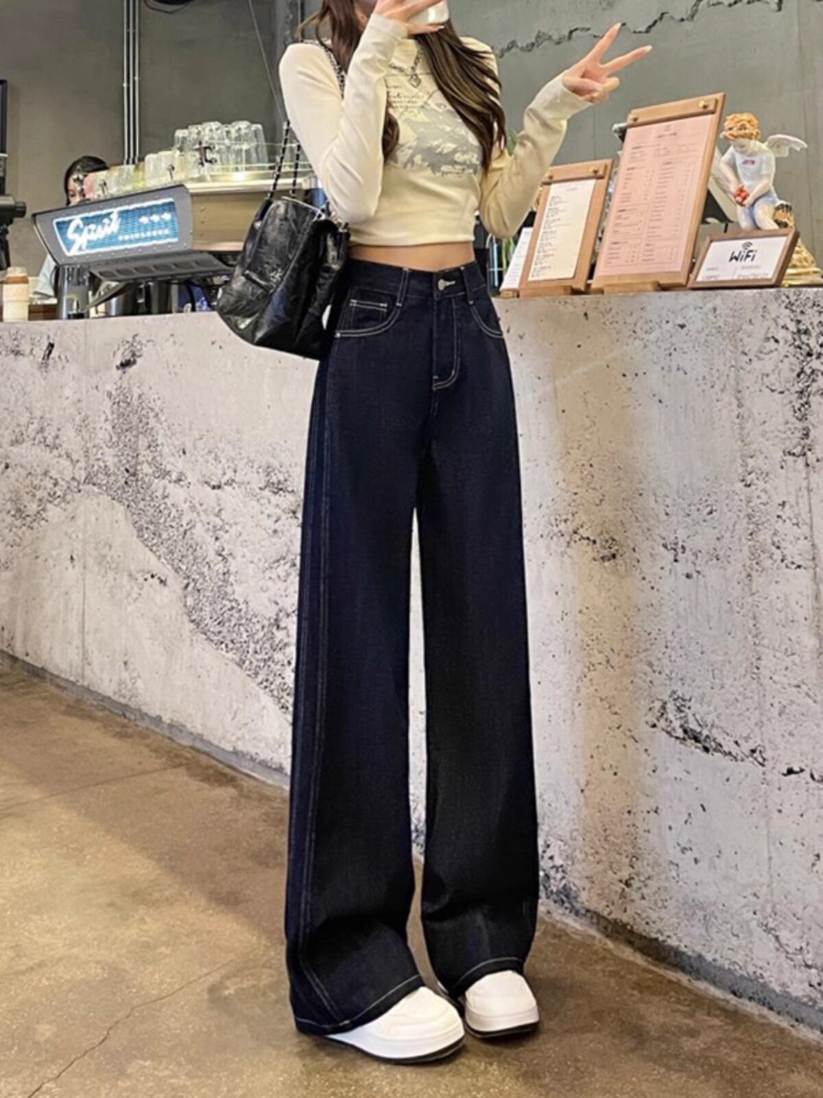 데님 블루 스트레이트 청바지 여성 봄 가을 2024 새로운 작은 하이 웨이스트 느슨한 복고풍 좁은 버전 넓은 다리 바지