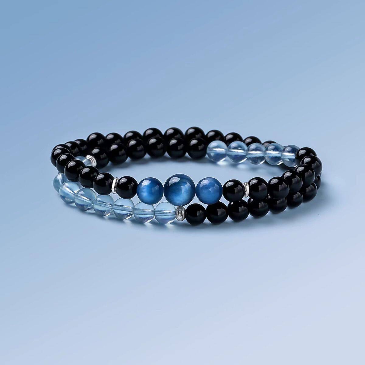 水晶多圈手串男女新中式中国风长款缠绕海蓝宝黑曜石五行补水手链